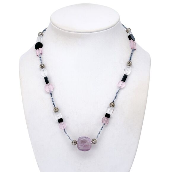 Vintage Sterling Silver 925 Purple Amethyst Crystal Glass Beaded Necklace 18" - Picture 1 of 4